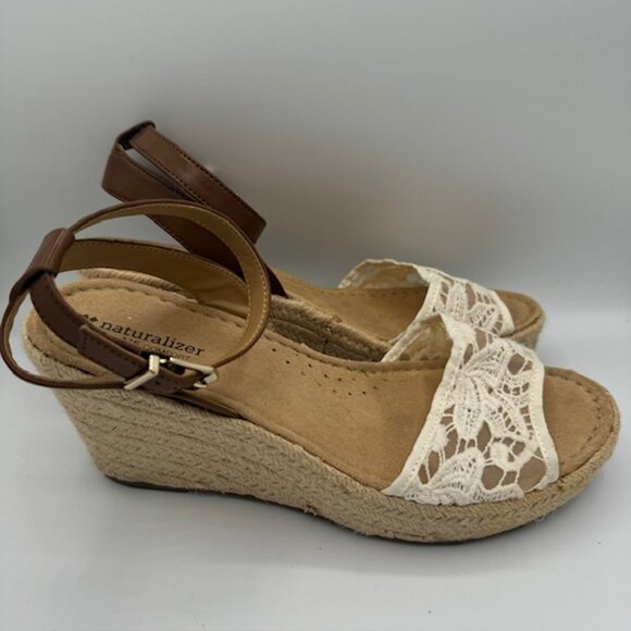 Naturalizer N5 Comfort Straw Wedge Heels Brown & Lace Size 9W - Picture 2 of 6